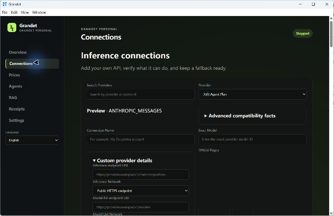 Grandet provider connections interface
